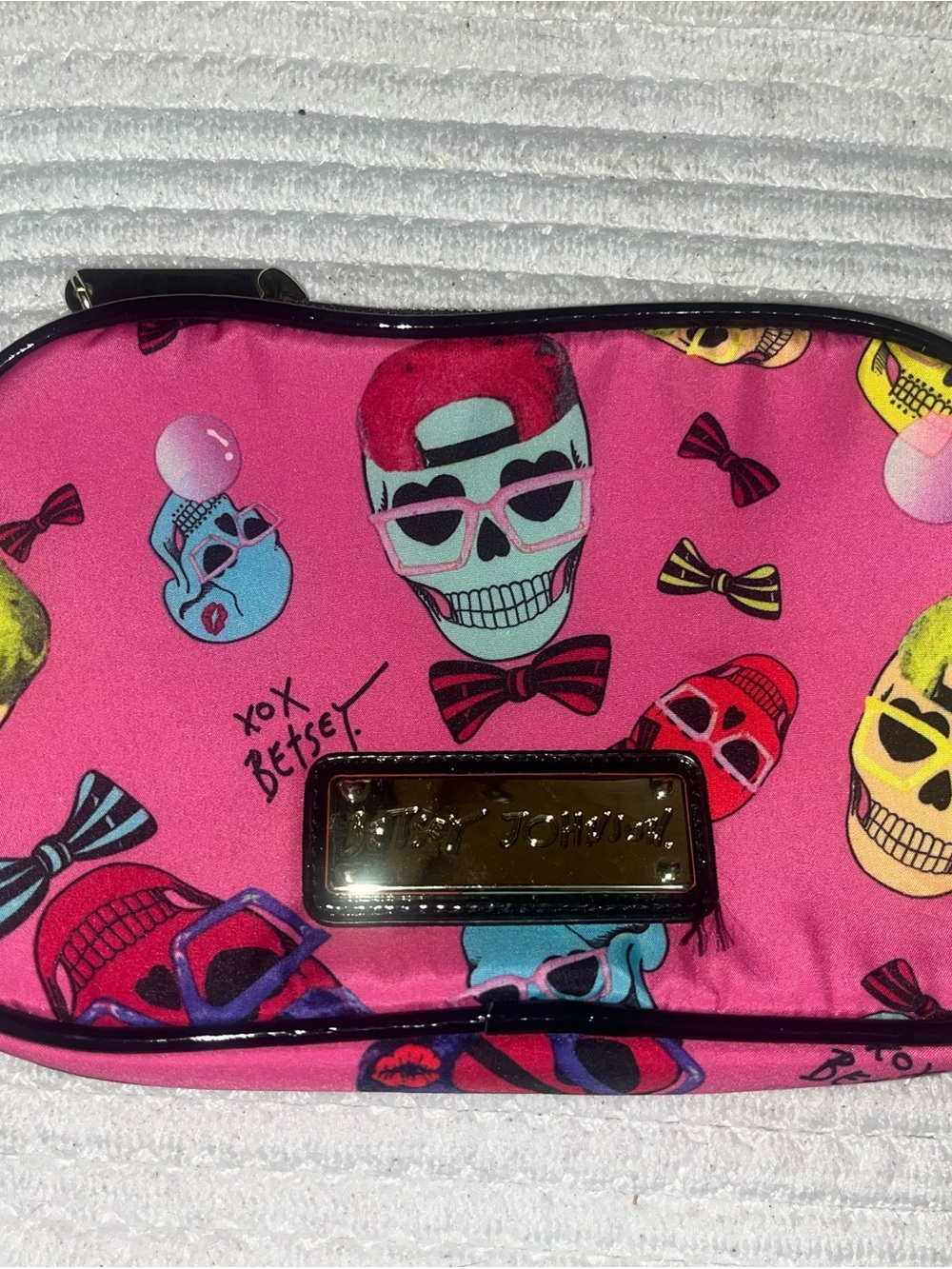 Betsey Johnson Hot Pink Skull Print Cosmetic Pouch with Multicolor Accents